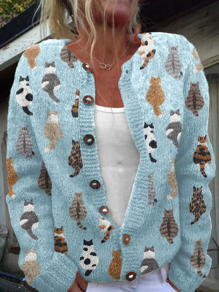 Charlotte™ Strickjacke in Hellblau mit Katzenmuster