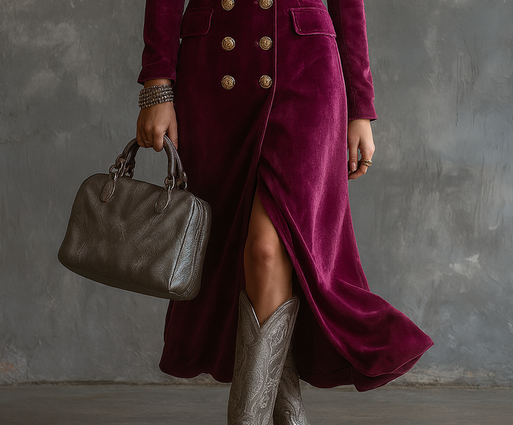 Victoria Blazerkleid aus Samt in Beerenrot, Detailansicht von Rock, Pattentasche und Schlitz