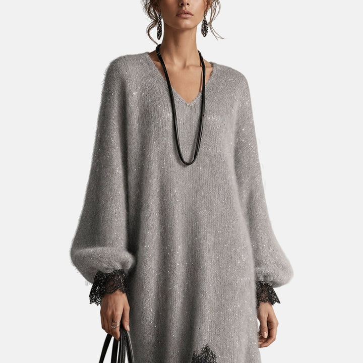 Mireille™ Strickkleid in Grau, V-Ausschnitt und Ballonärmel mit Spitzenbündchen
