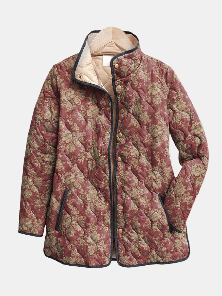 Sophie™ Steppjacke mit Damastmuster in Bordeaux und Gold, Vorderansicht