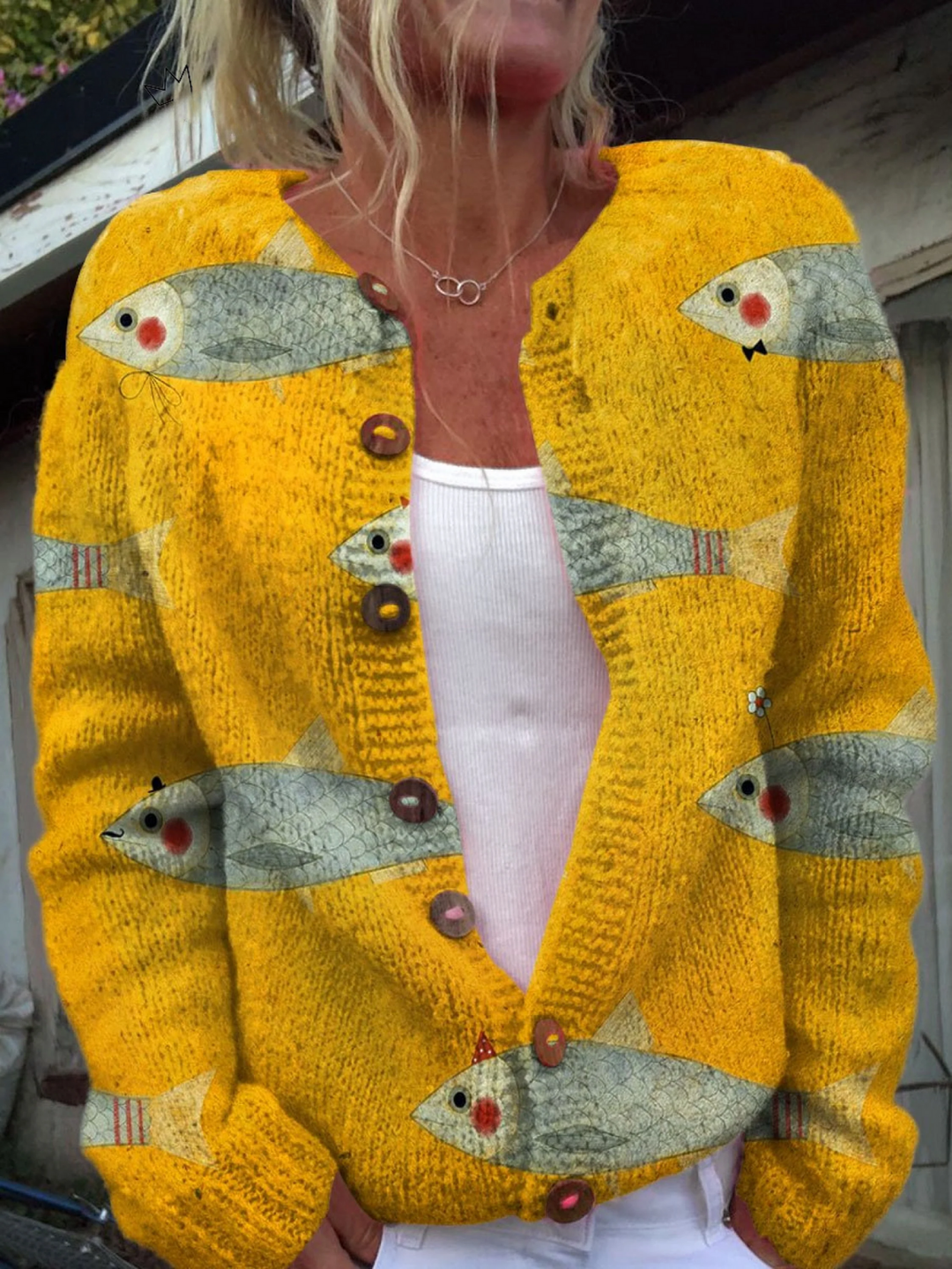 Anouk™ Strickjacke in Senfgelb mit Fischmotiven