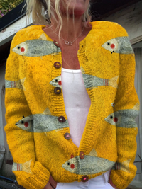 Anouk™ | Strickjacke in Senfgelb mit Fischmotiven