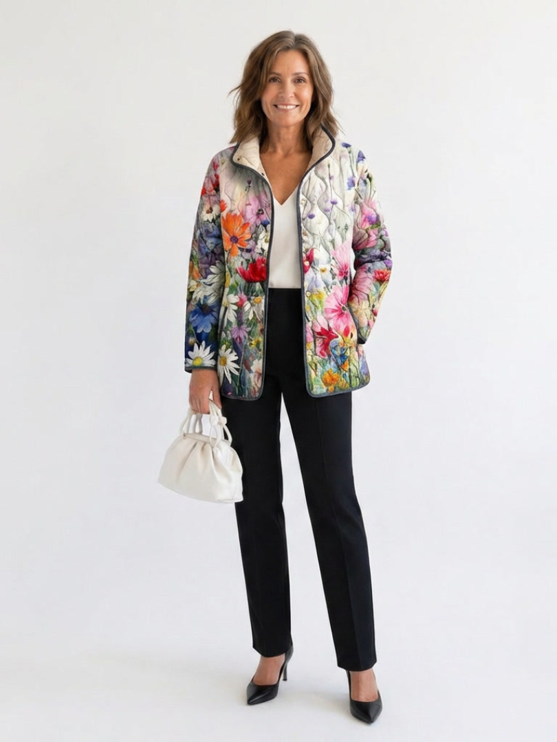 Manon™ Steppjacke mit Wiesenblumen-Print auf Ecru, am Model