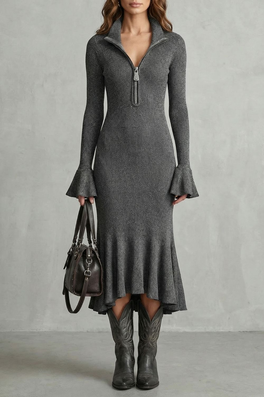 Veloria Rippstrick-Midikleid in Grau – Ganzkörperansicht von vorne mit Volantsaum