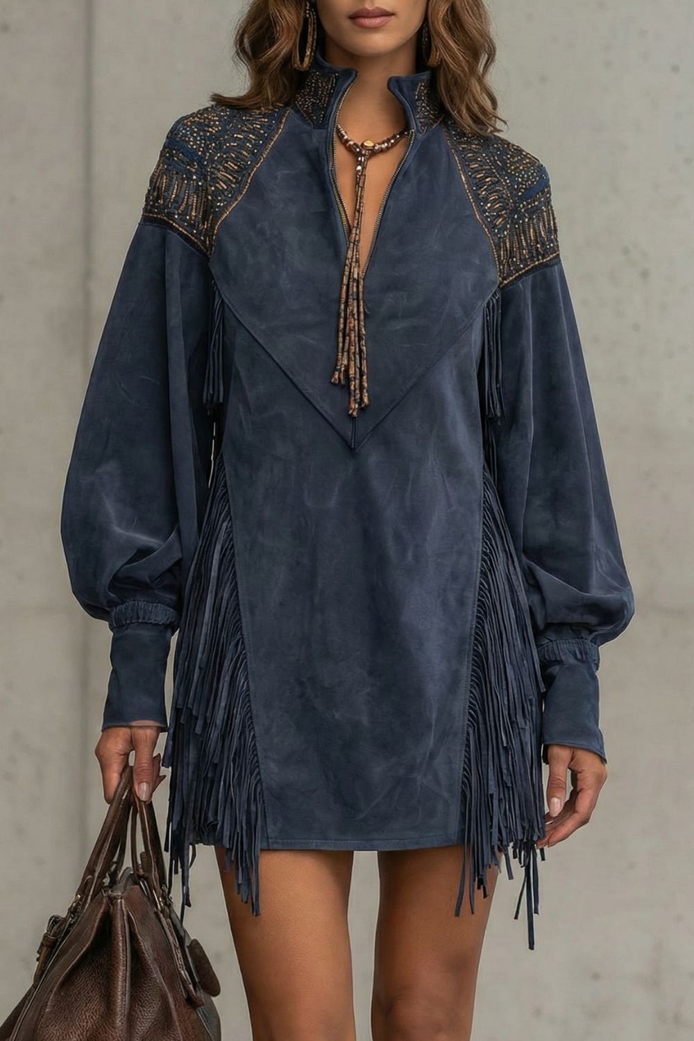 Calvetta Tunika-Minikleid in Wildlederoptik in Marineblau mit Perlenstickerei und Fransen