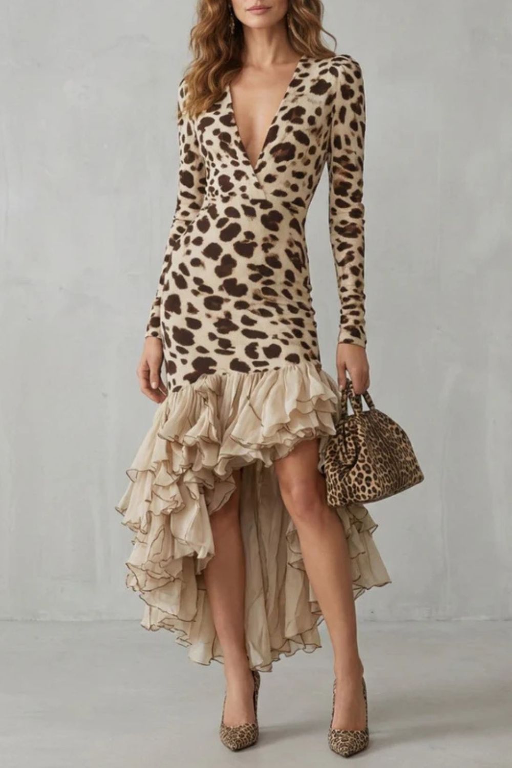 Lioraé Midikleid mit Leopardenmuster und beigem Volantsaum, Vorderansicht