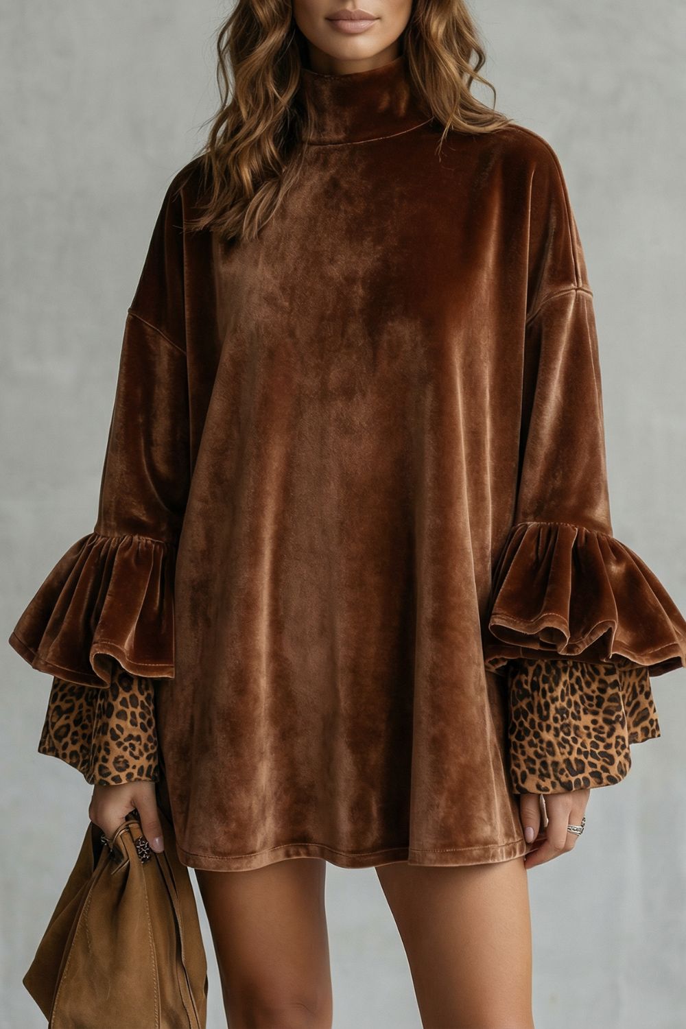Velanique Samt-Minikleid in Braun mit Volantärmeln und Leopardenmanschette, Vorderansicht