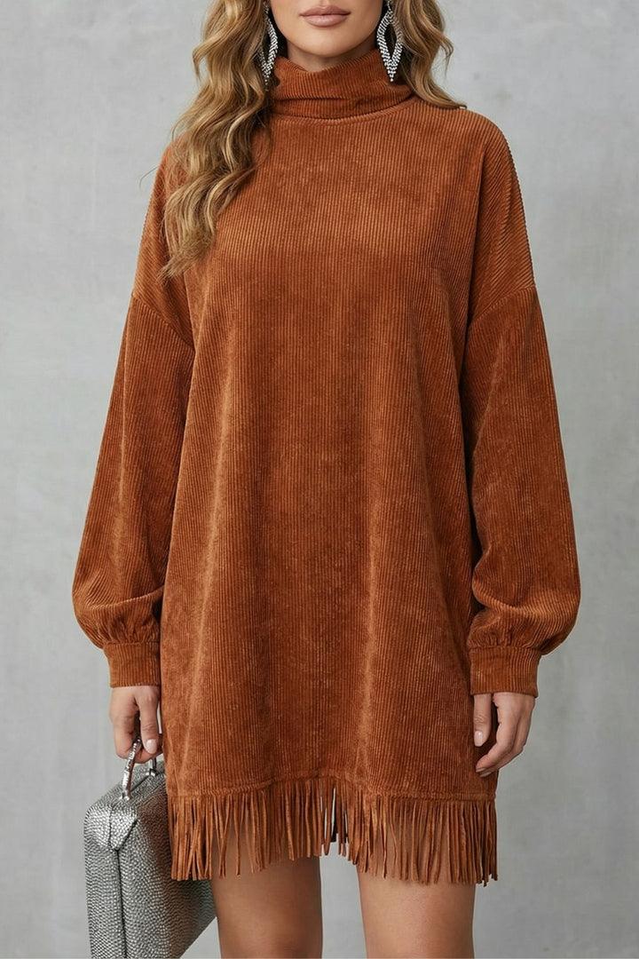 Castellaine Cord-Minikleid in Braun mit Rollkragen und Fransensaum, Vorderansicht