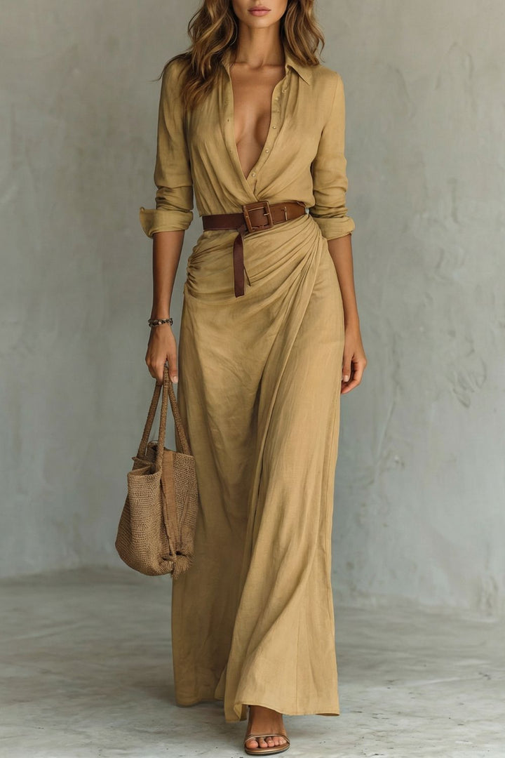 Azura Maxi-Hemdblusenkleid in Kamel, Vorderansicht mit Wickelrock und Knopfleiste