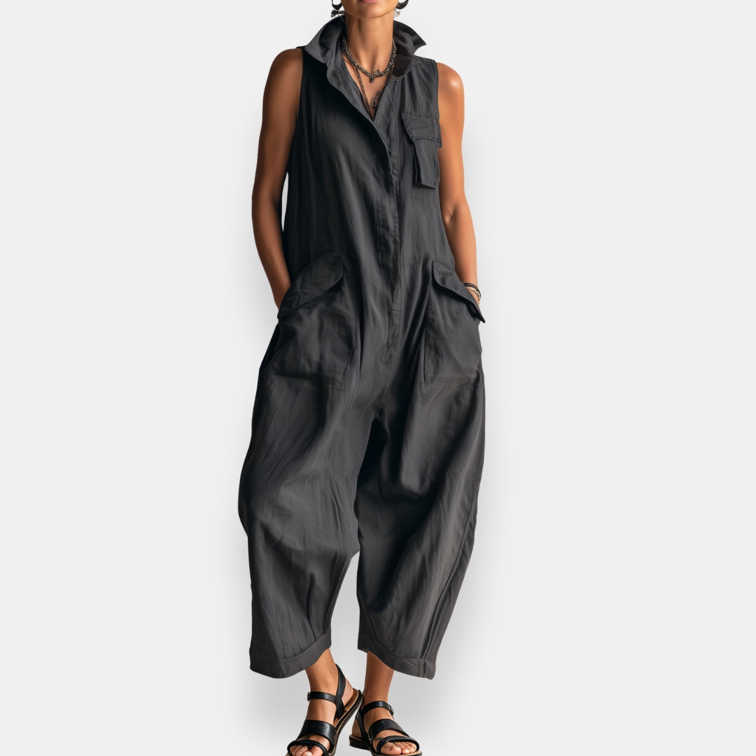 Helen Ärmelloser Popeline-Jumpsuit in Schwarz