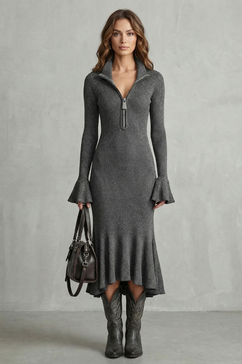 Veloria Rippstrick-Midikleid in Grau – Vorderansicht mit Stehkragen und Reißverschluss