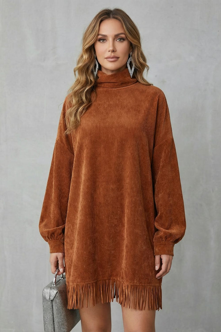 Castellaine Cord-Minikleid in Braun, Gesamtansicht mit voluminösen Ärmeln und Bündchen