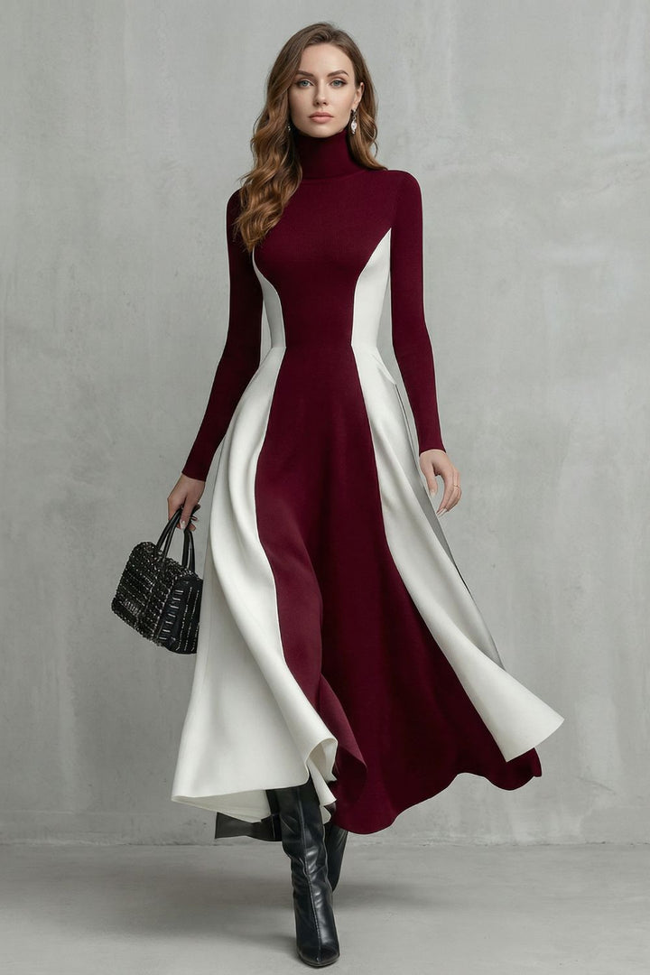 Mariveille Rollkragenkleid in Bordeaux und Weiß, Ganzkörperansicht