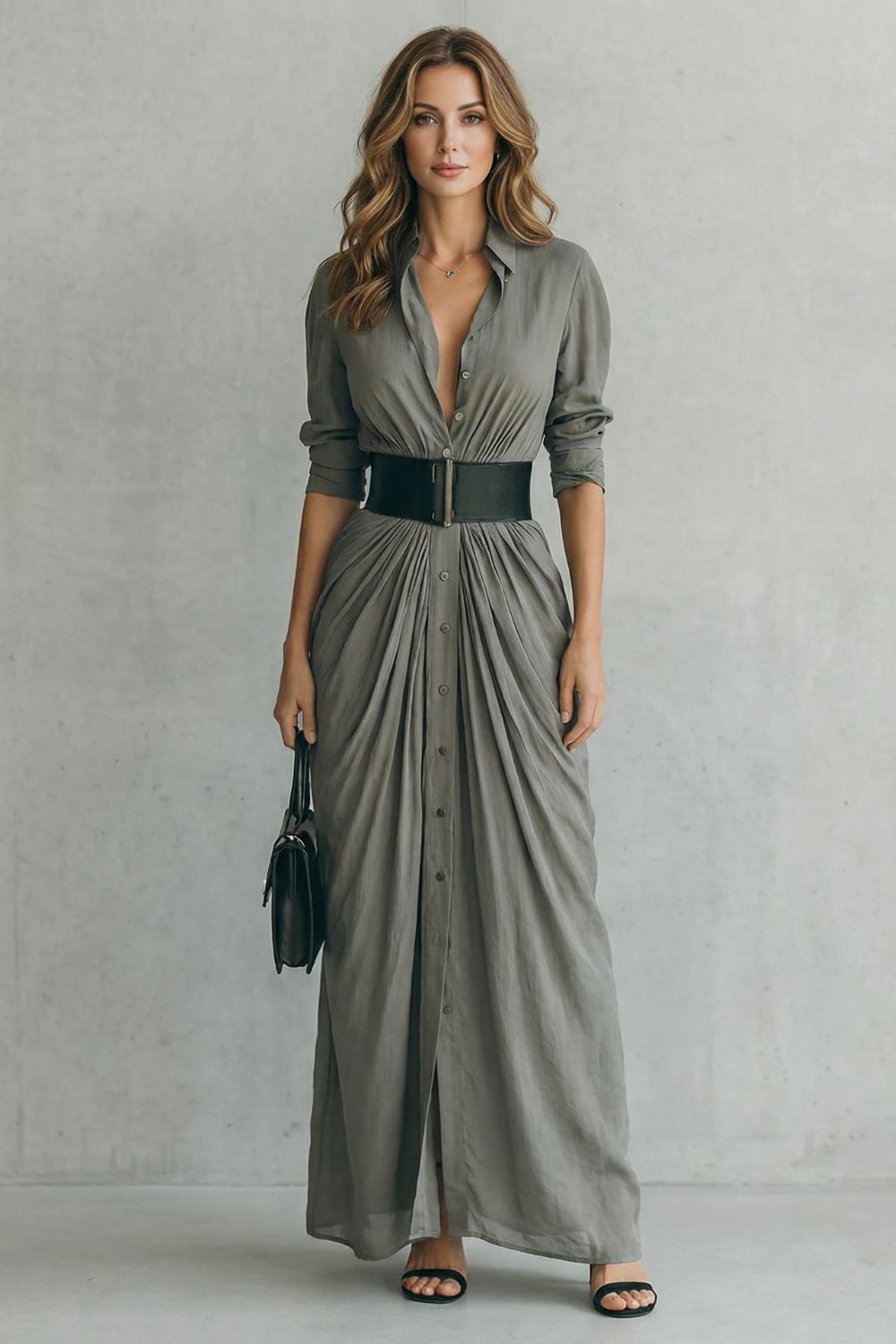 Solenzia Maxi-Hemdblusenkleid in Grau, Vorderansicht mit durchgehender Knopfleiste und drapierter Taille