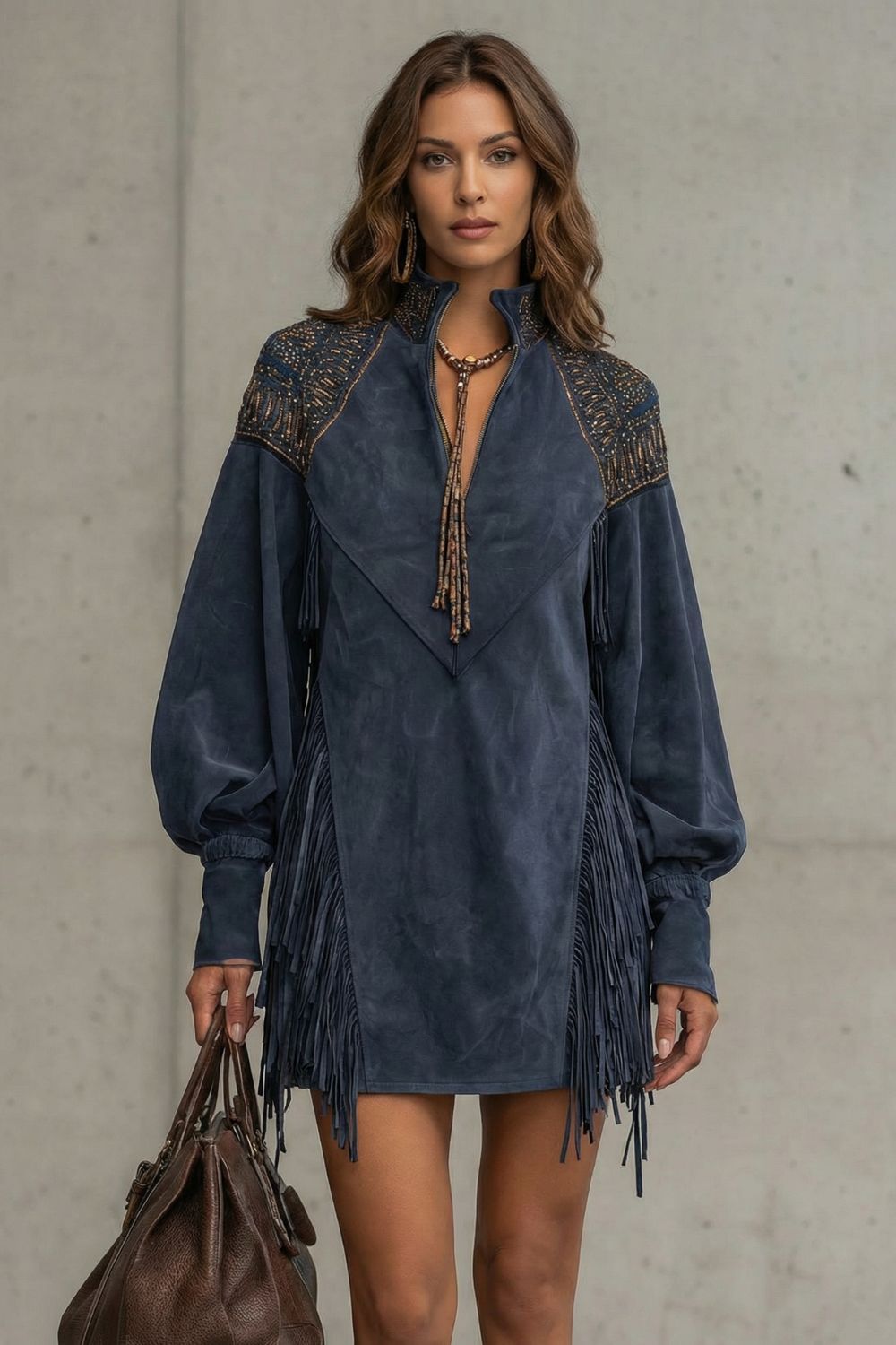 Calvetta Tunika-Minikleid in Marineblau in ganzer Länge von vorne