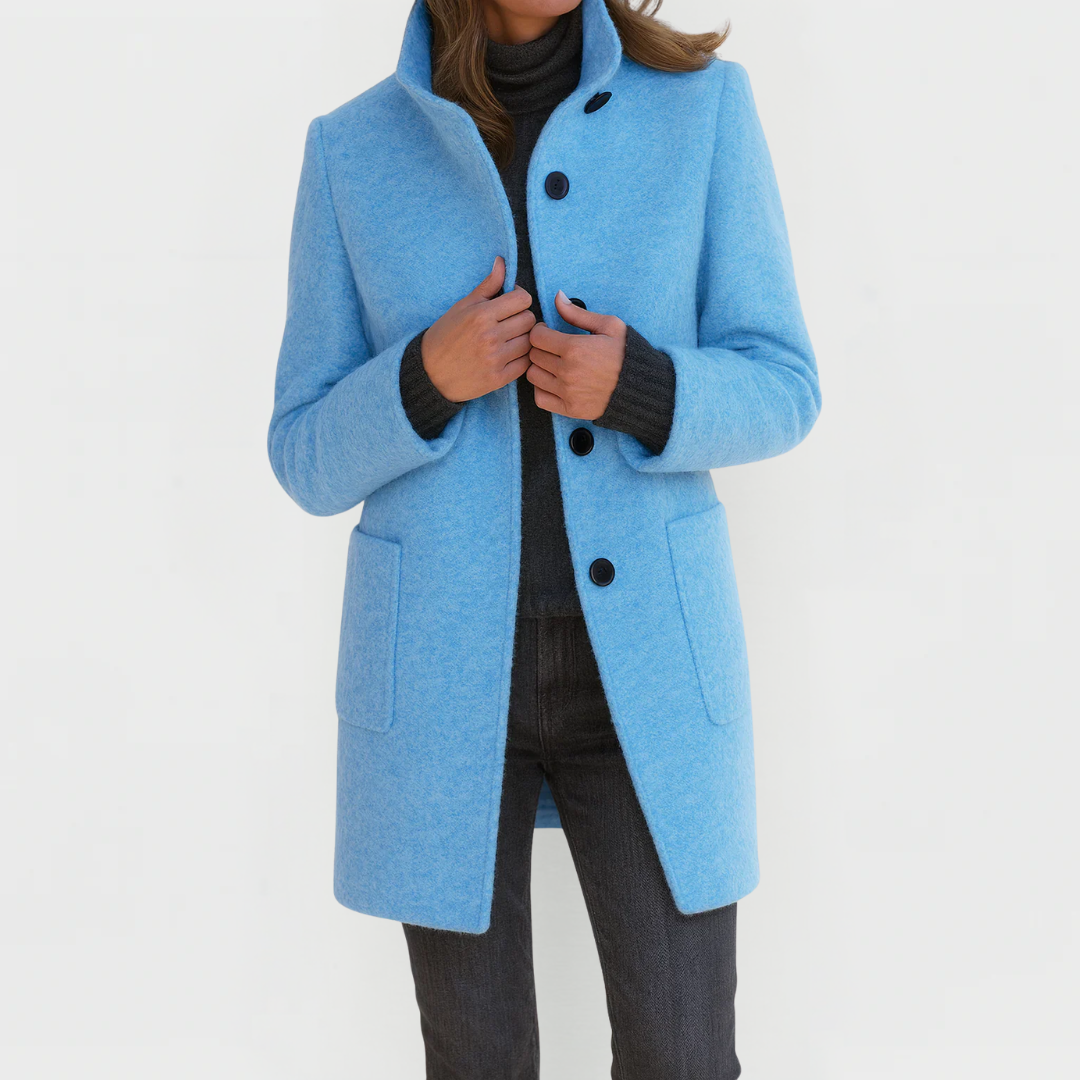 Midi-Mantel mit Stehkragen und aufgesetzten Taschen, Farbe Hellblau