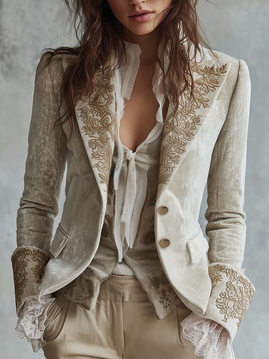 Constance™ Blazer in Elfenbein mit goldfarbener Stickerei – Vorderansicht