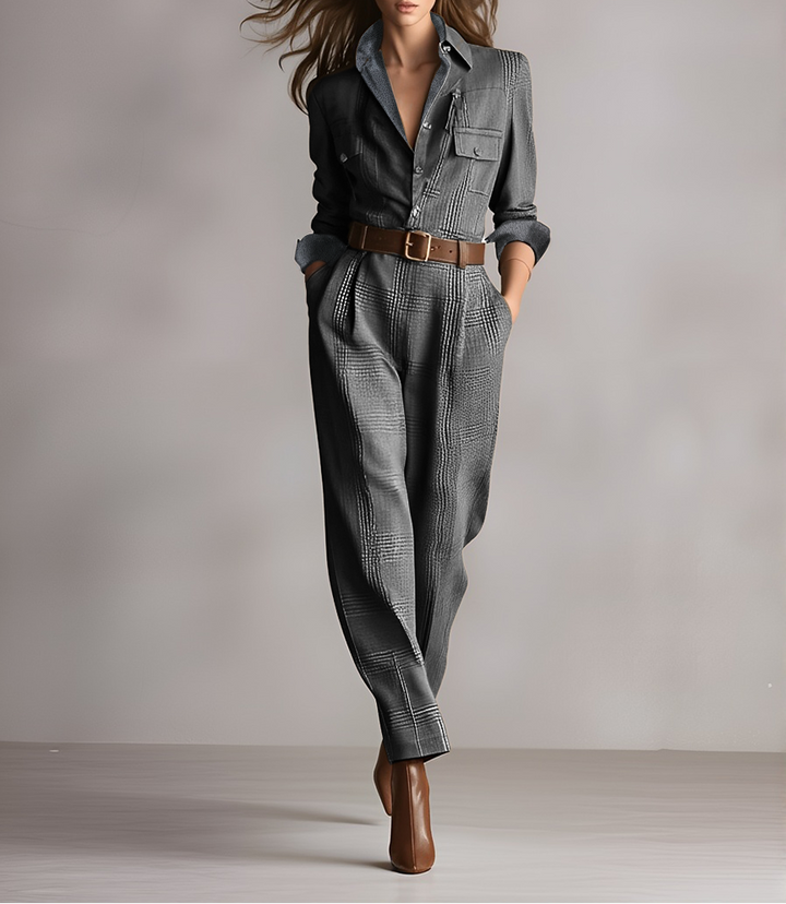 Jumpsuit mit Glencheck-Karo in Grau, Ganzkörperansicht