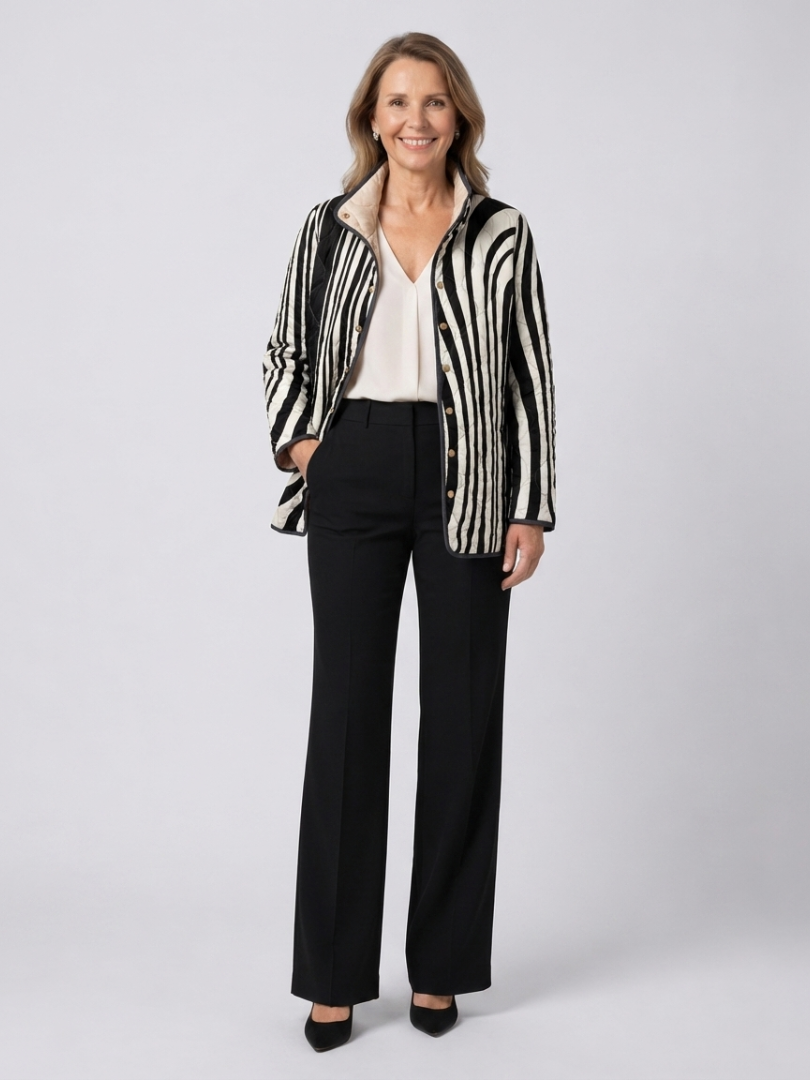 Sylvie™ Steppjacke mit geschwungenen Streifen in Schwarz und Creme, am Model