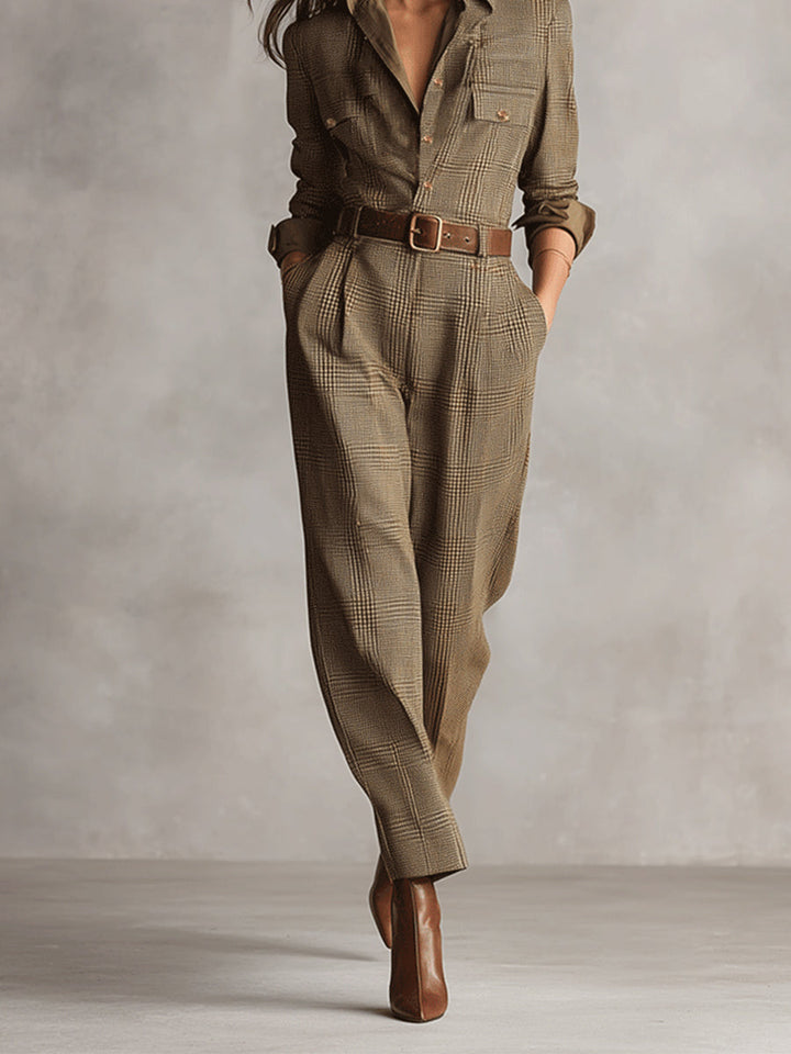 Jumpsuit mit Glencheck-Karo in Khaki, Ganzkörperansicht