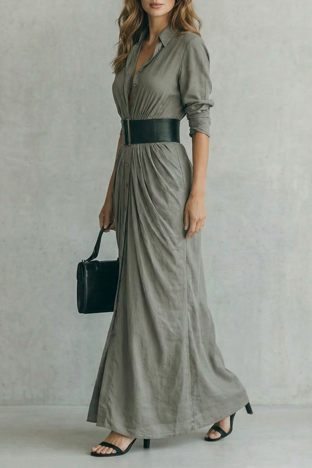 Solenzia Maxikleid in Grau, seitliche Ansicht mit fließendem Rock