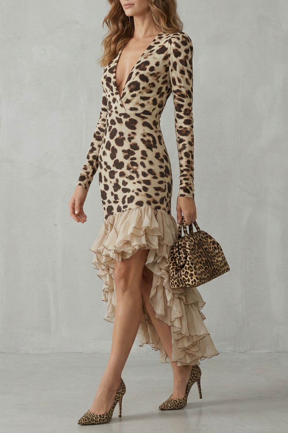 Lioraé Midikleid mit Leopardenmuster, Seitenansicht mit asymmetrischem Volantsaum