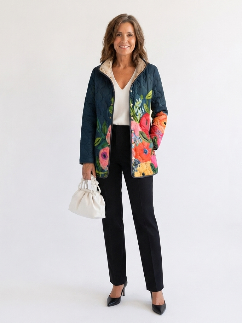 Camille™ Steppjacke in Nachtblau mit Blumenmotiv, am Model