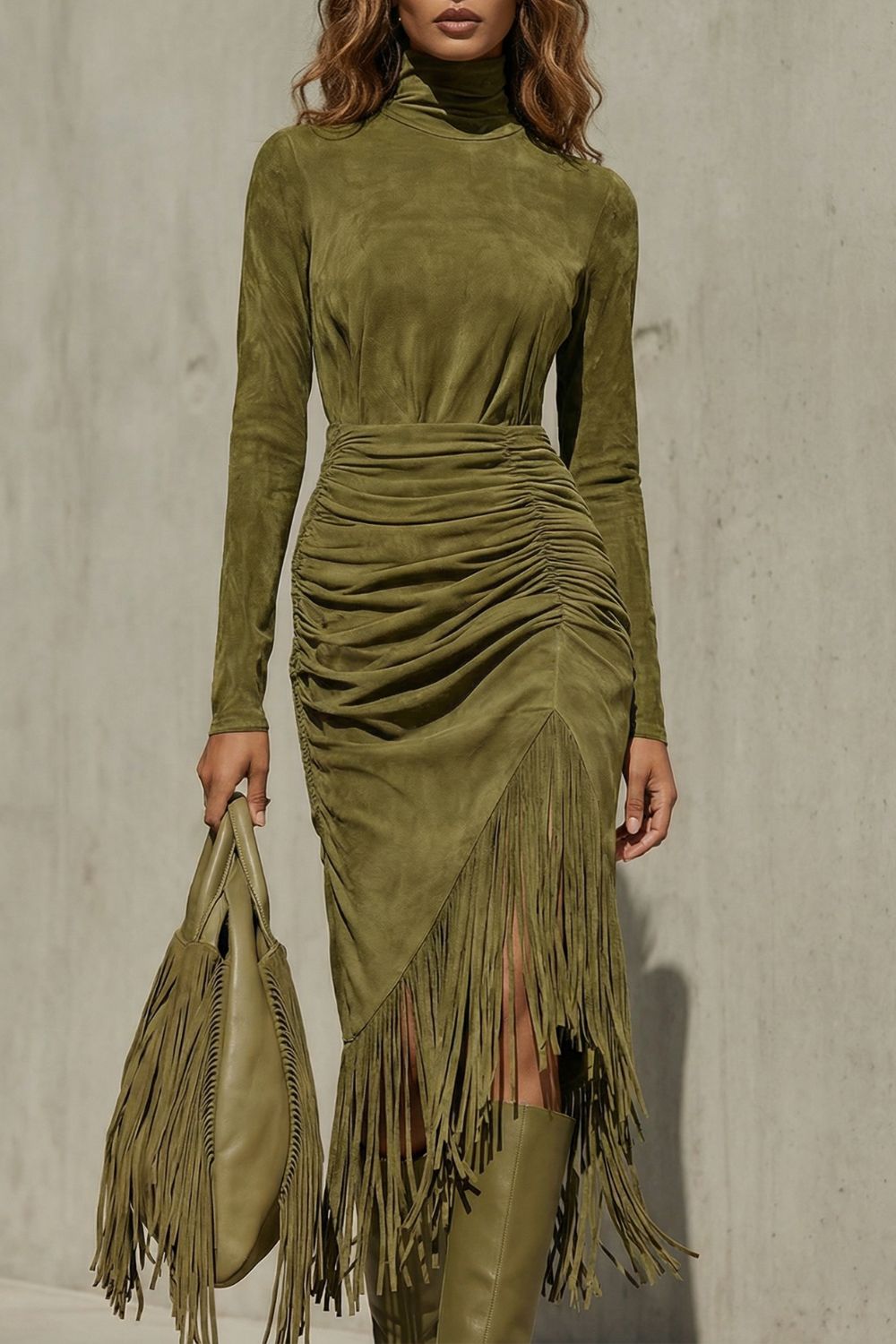 Soléna Midikleid in Olivgrün, Detailansicht der Raffung an der Hüfte und des Fransenbesatzes