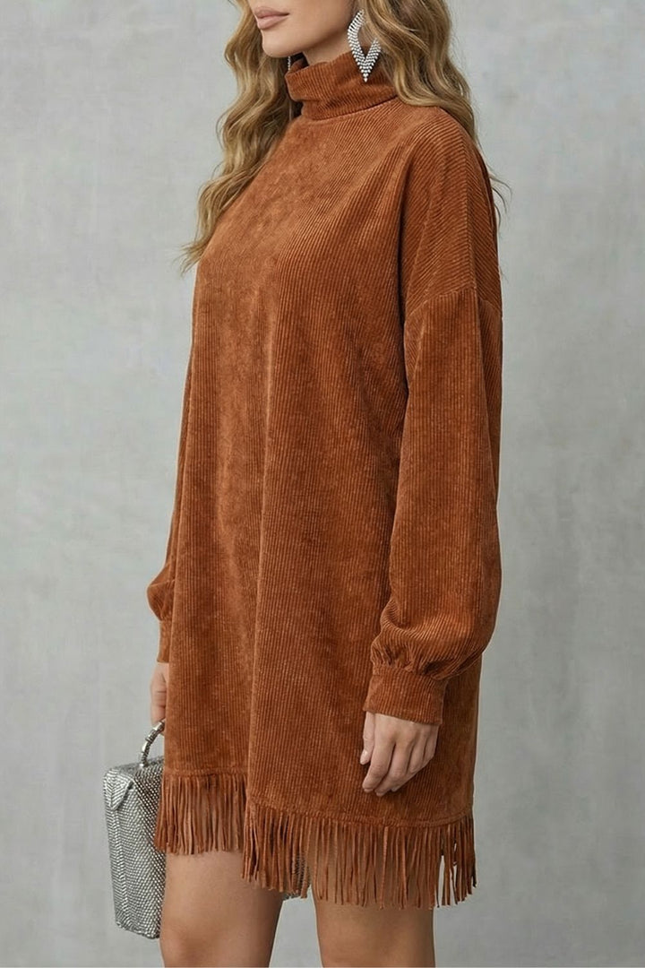 Castellaine Cord-Minikleid in Braun, seitliche Ansicht mit tief sitzender Schulter