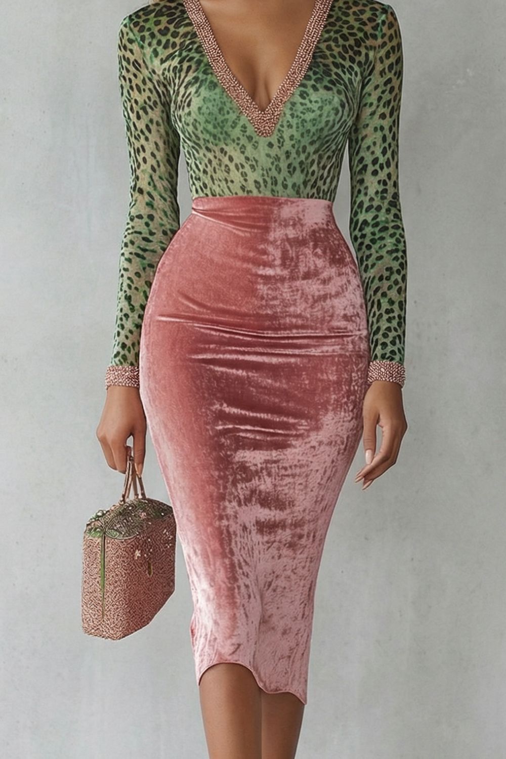 Detailaufnahme des tiefen V-Ausschnitts mit Perlenbesatz am Virelline Midikleid
