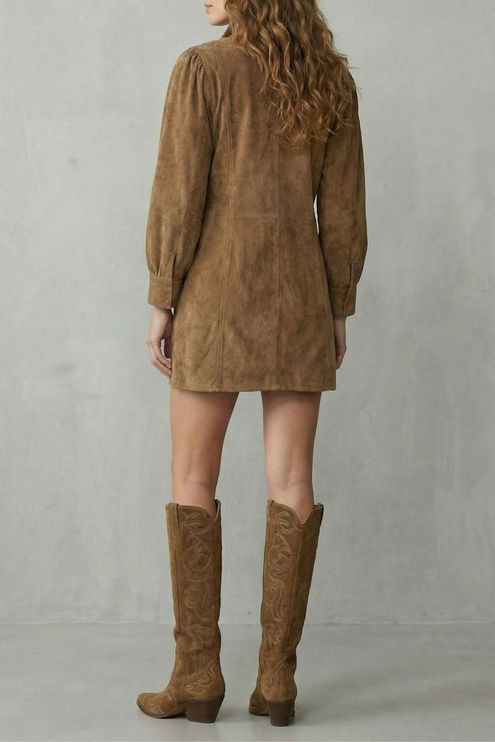 Braunes Mini-Kleid in Wildlederoptik, Rückansicht