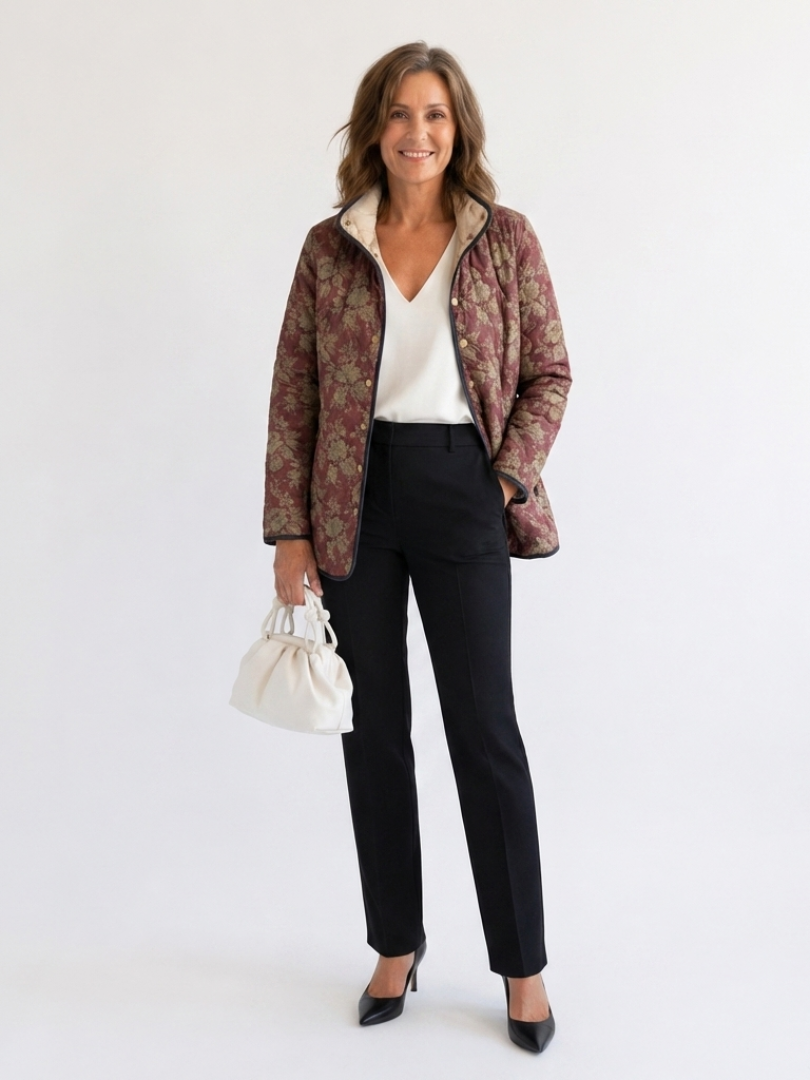 Sophie™ Steppjacke mit Damastmuster in Bordeaux und Gold, am Model