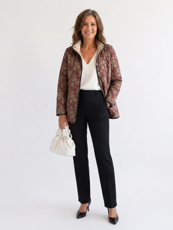 Sophie™ Steppjacke mit Damastmuster in Bordeaux und Gold, am Model