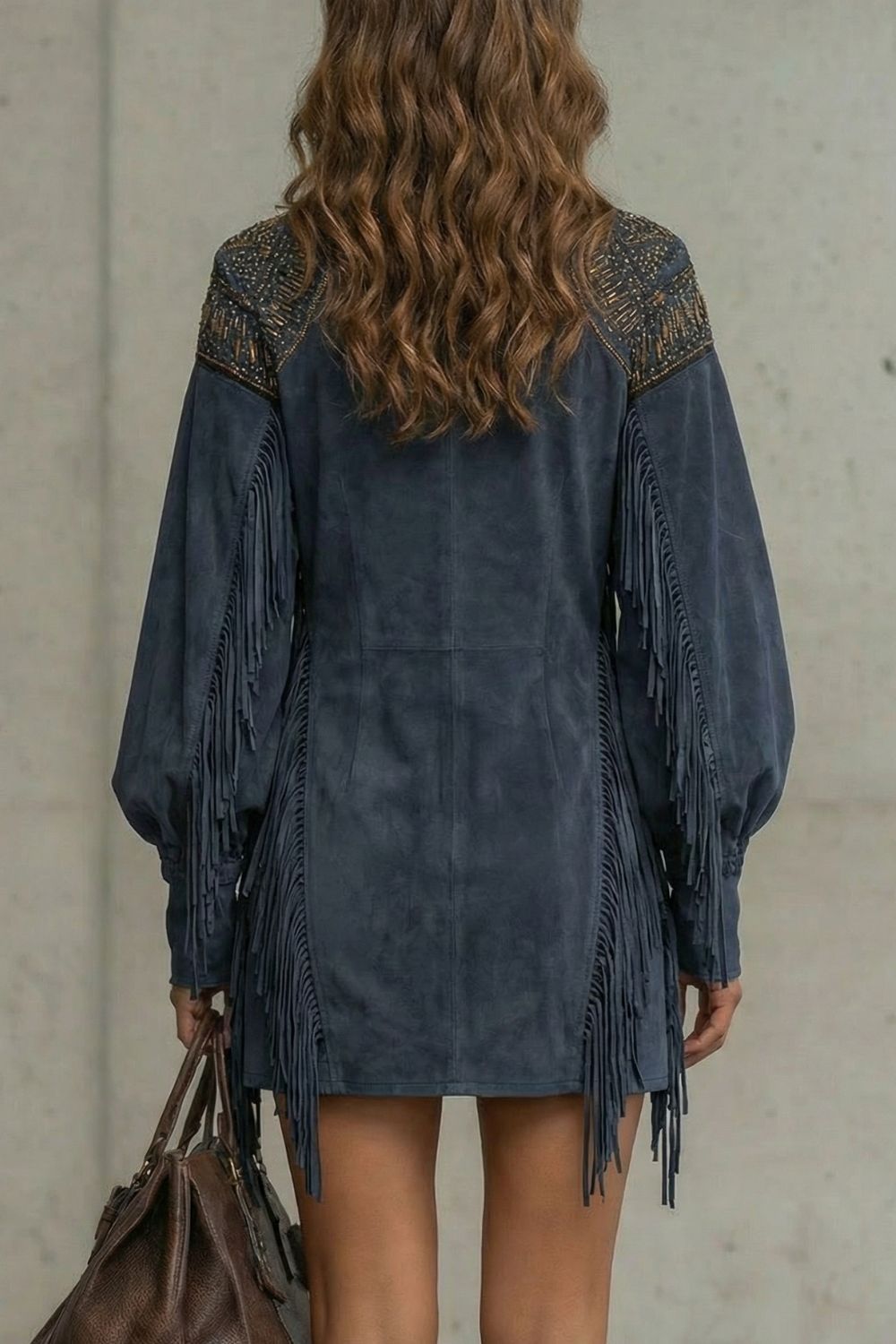Calvetta Tunika-Minikleid in Marineblau von hinten mit bestickten Schulterjochen