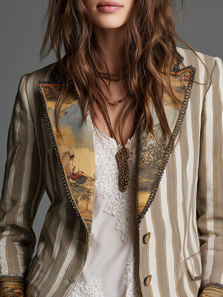 Suzanne™ Blazer – Detail Revers mit Landschaftsmotiv und Zierborte