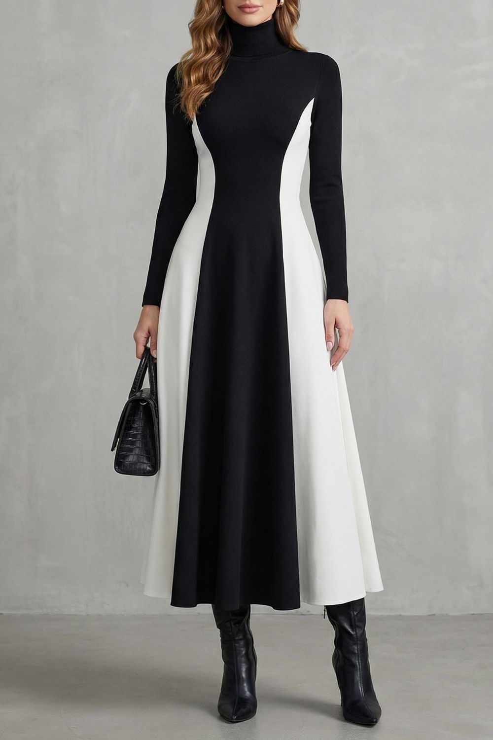 Mariveille Rollkragenkleid in Schwarz und Weiß, Vorderansicht