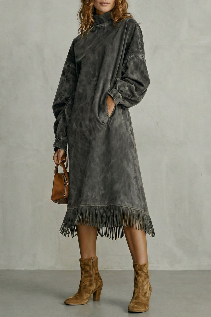 Valdrina Oversized Midi-Kleid in Wildlederoptik in Anthrazit mit Fransensaum