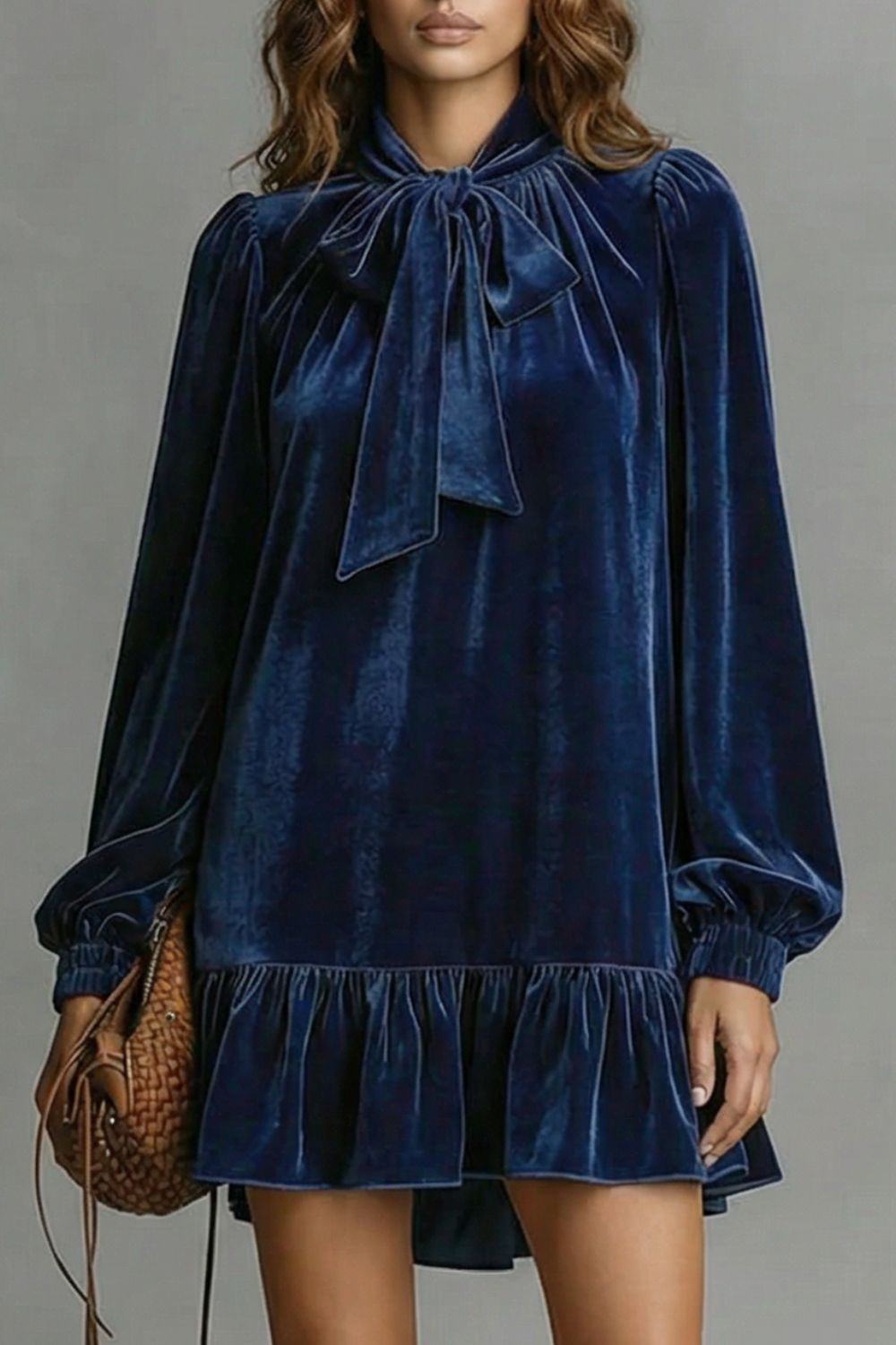 Velézia Samt-Minikleid in Marineblau – Vorderansicht mit Schleifenkragen
