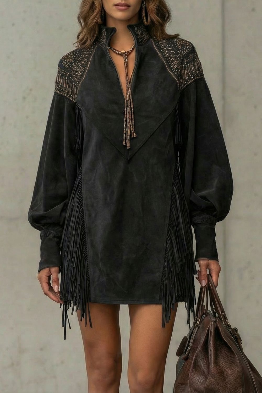 Calvetta Tunika-Minikleid in Wildlederoptik in Schwarz mit Perlenstickerei und Fransen