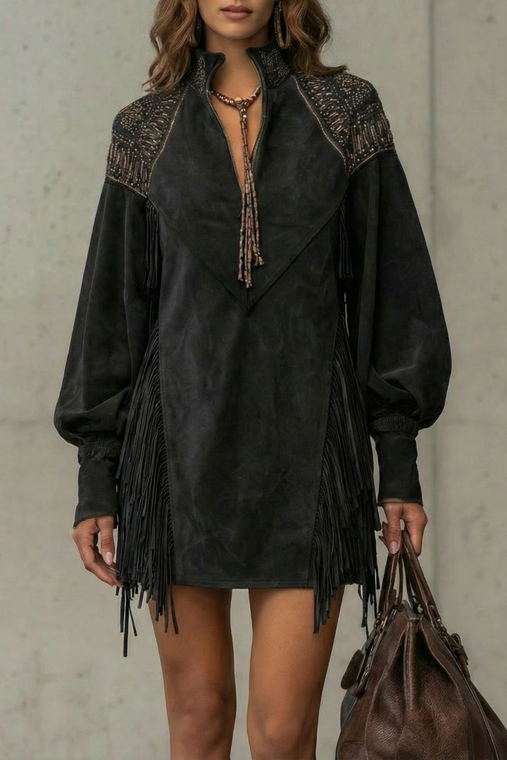 Calvetta Tunika-Minikleid in Wildlederoptik in Schwarz mit Perlenstickerei und Fransen