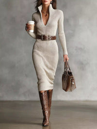 Isabella™ | Rippstrick-Midi-Kleid mit Stehkragen und V-Ausschnitt