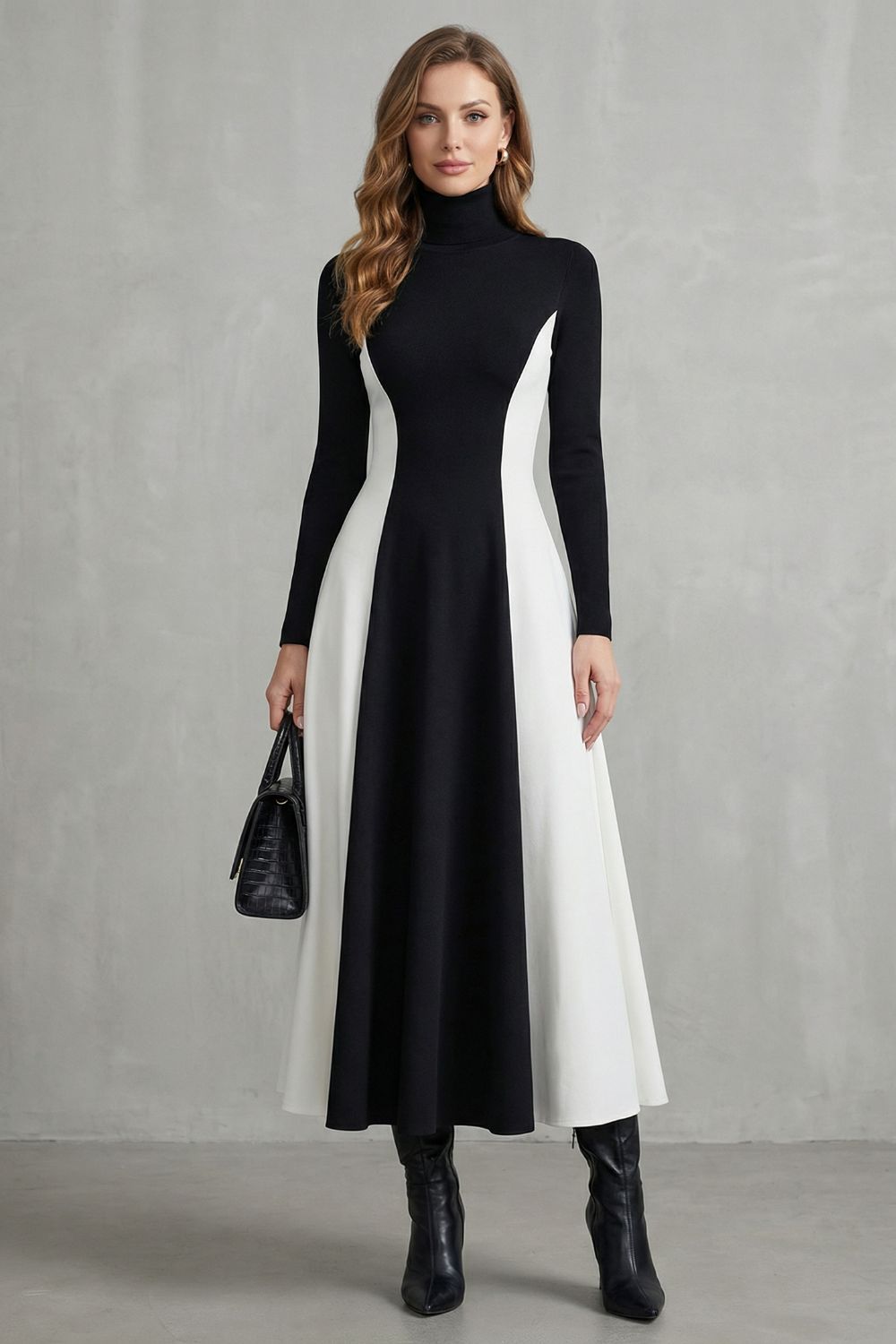 Mariveille Rollkragenkleid in Schwarz und Weiß, Ganzkörperansicht