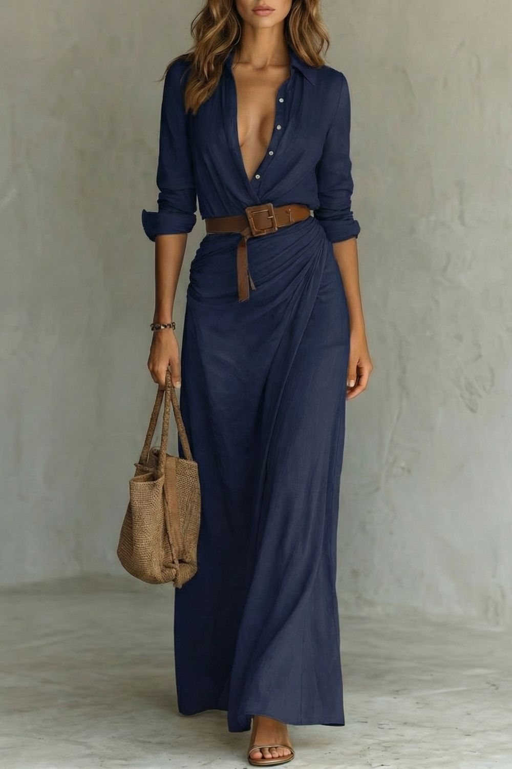 Azura Maxi-Hemdblusenkleid in Marineblau, Vorderansicht mit Hemdkragen und Knopfleiste