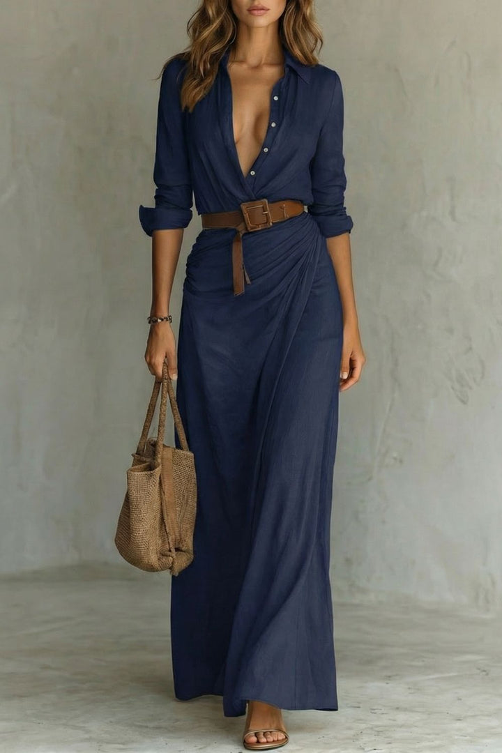 Azura Maxi-Hemdblusenkleid in Marineblau, Vorderansicht mit Hemdkragen und Knopfleiste
