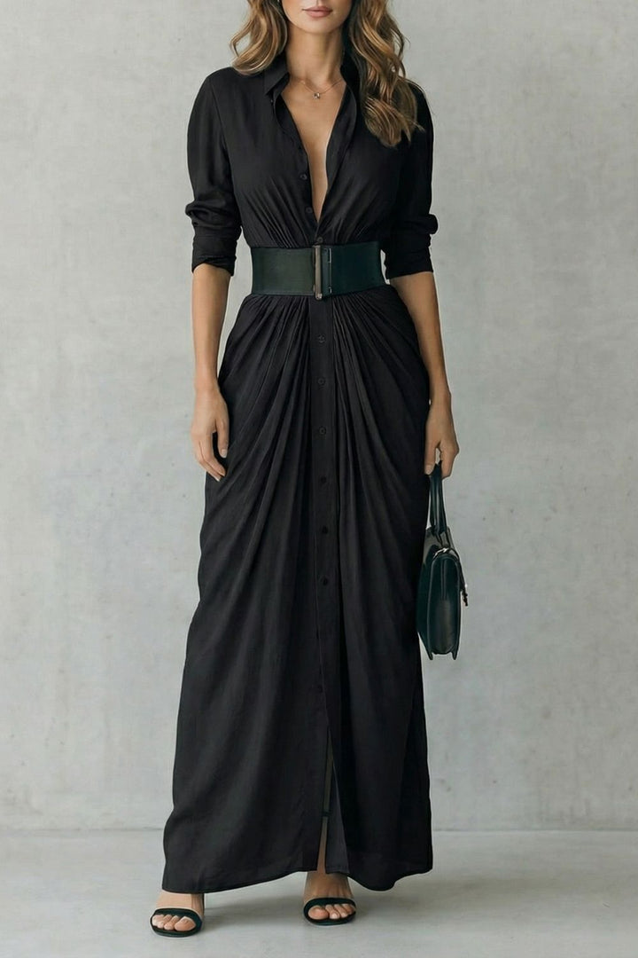 Solenzia Maxi-Hemdblusenkleid in Schwarz, Vorderansicht mit Knopfleiste bis zum Saum