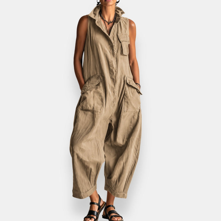 Helen Popeline-Jumpsuit in Khaki – Gesamtansicht
