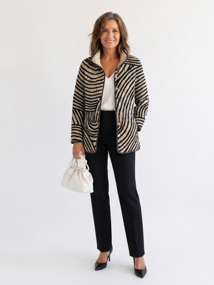 Léa™ Steppjacke mit Kreismuster in Beige und Schwarz, am Model