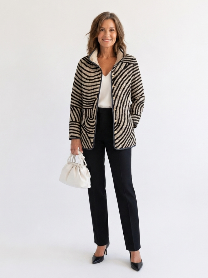Léa™ Steppjacke mit Kreismuster in Beige und Schwarz, am Model