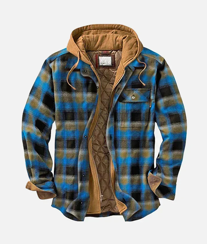 Hemdjacke mit Steppfutter und Kapuze in Kontrast-Camel, Farbe Blau-Oliv