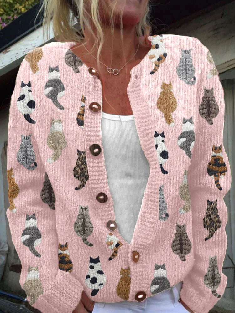 Charlotte™ Strickjacke in Rosa mit Katzenmuster